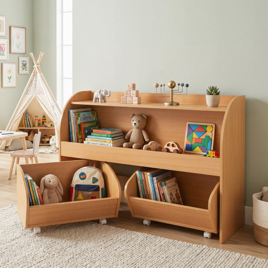 Kids Toy Storage Organizer with 2 Rolling Drawers & 3-Tier Bookshelf for Playroom-Natural