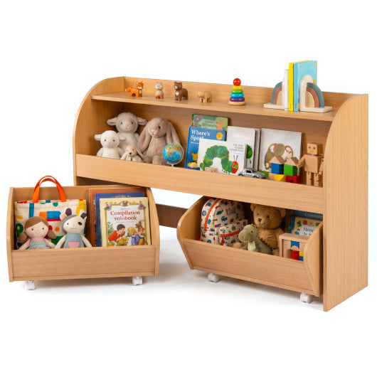 Kids Toy Storage Organizer with 2 Rolling Drawers & 3-Tier Bookshelf for Playroom-Natural