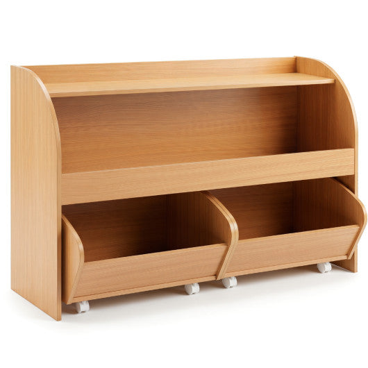 Kids Toy Storage Organizer with 2 Rolling Drawers & 3-Tier Bookshelf for Playroom-Natural