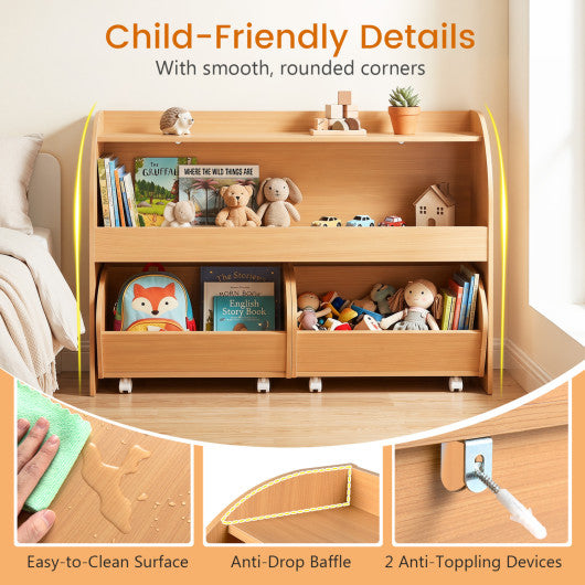 Kids Toy Storage Organizer with 2 Rolling Drawers & 3-Tier Bookshelf for Playroom-Natural
