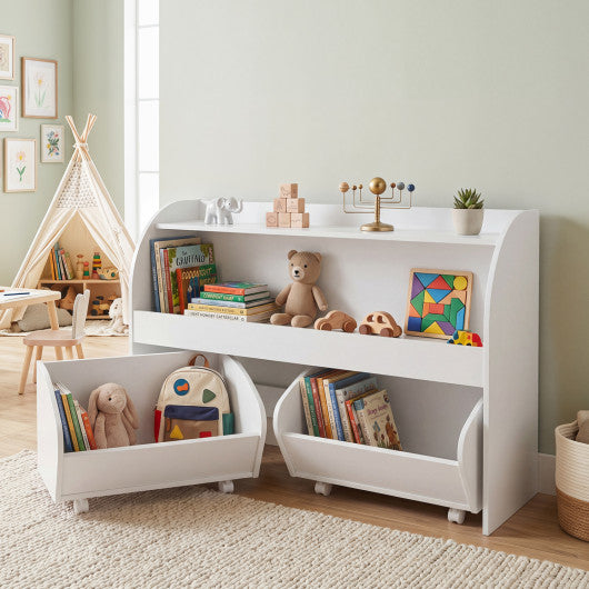Kids Toy Storage Organizer with 2 Rolling Drawers & 3-Tier Bookshelf for Playroom-White