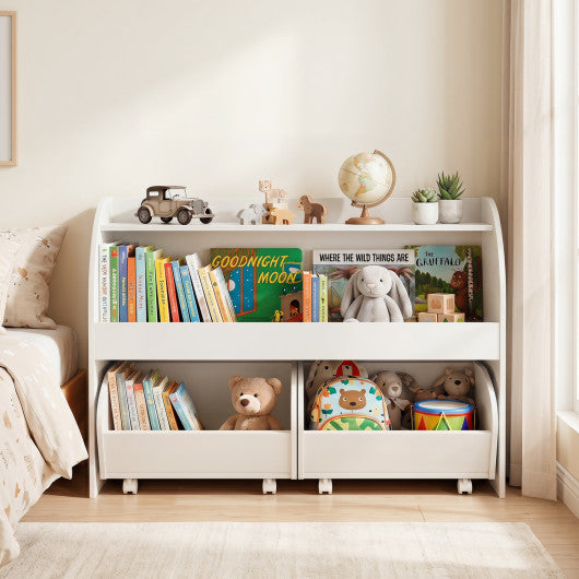 Kids Toy Storage Organizer with 2 Rolling Drawers & 3-Tier Bookshelf for Playroom-White