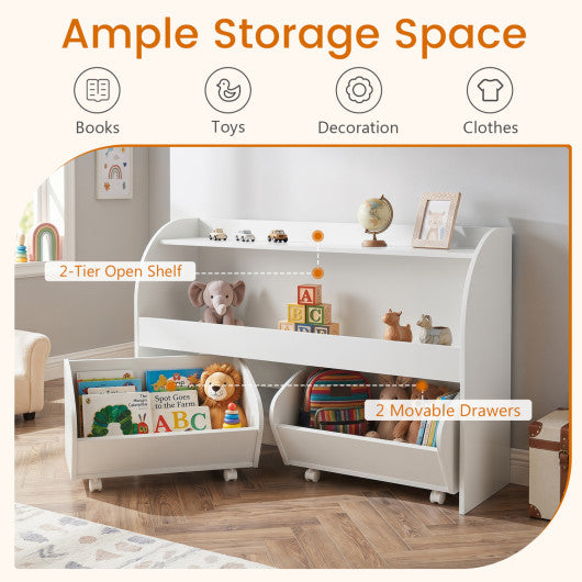 Kids Toy Storage Organizer with 2 Rolling Drawers & 3-Tier Bookshelf for Playroom-White