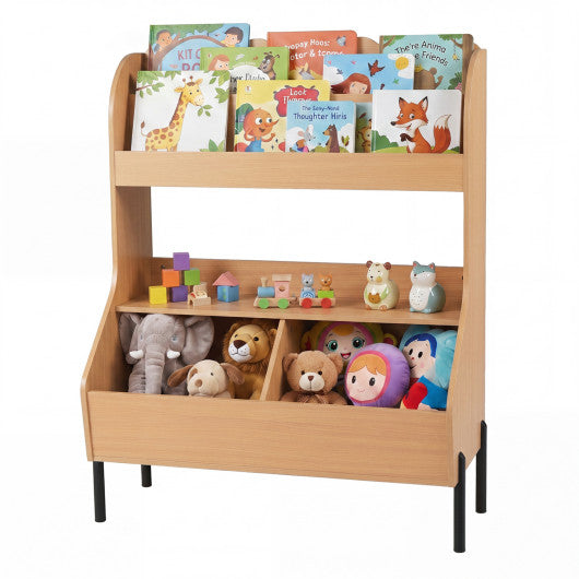 Kids Toy Storage Organizer Wooden Montessori Bookshelf with 2 Storage Bins-Natural