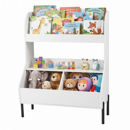 Kids Toy Storage Organizer Wooden Montessori Bookshelf with 2 Storage Bins-White