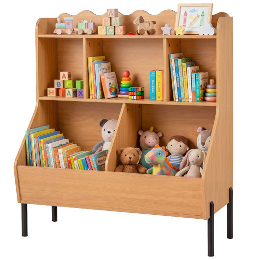 Kids Toy Storage Organizer Wooden Montessori Bookshelf with 5 Storage Cubes-Natural