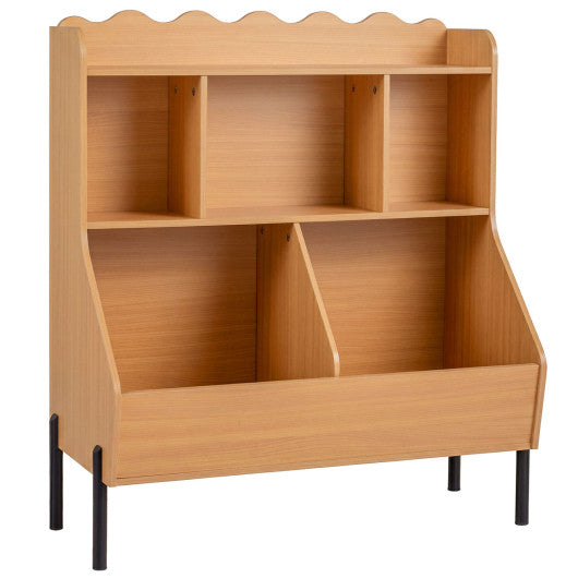 Kids Toy Storage Organizer Wooden Montessori Bookshelf with 5 Storage Cubes-Natural
