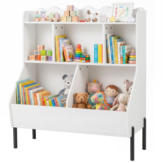 Kids Toy Storage Organizer Wooden Montessori Bookshelf with 5 Storage Cubes-White