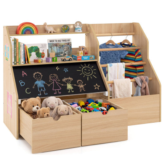 Kids Toy Storage Organizer with Flip-up Blackboard-Natural