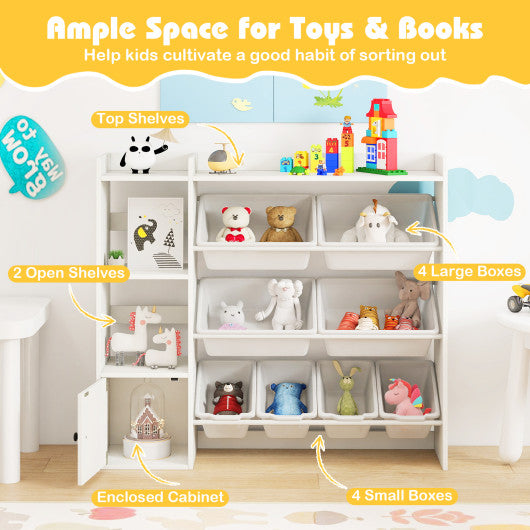 Kids Toy Storage and Bookshelf with Open Shelves and Single-door Cabinet-White