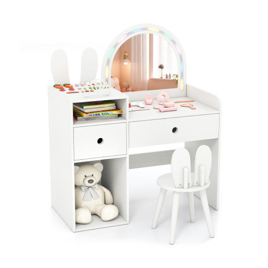 Kids Vanity Desk and Chair Set with Lights  Open Shelves-White