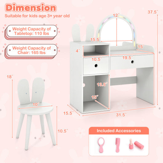 Kids Vanity Desk and Chair Set with Lights  Open Shelves-White