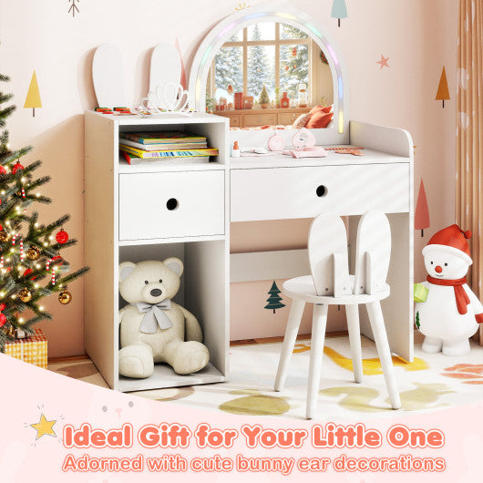 Kids Vanity Desk and Chair Set with Lights  Open Shelves-White