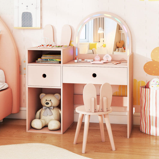 Kids Vanity Desk and Chair Set with Lights Open Shelves-Pink