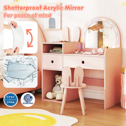 Kids Vanity Desk and Chair Set with Lights  Open Shelves-Pink