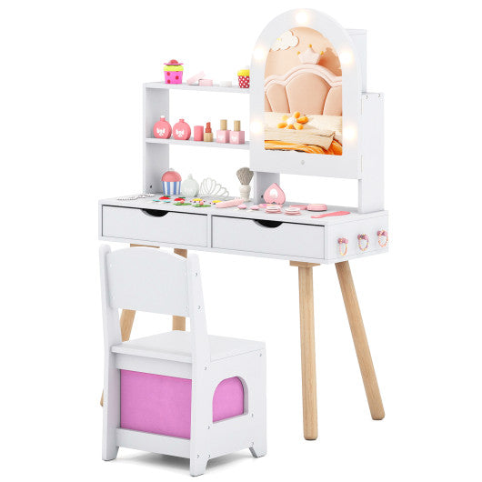 Kids Vanity Set Pretend Play Dressing Table Set with 3-Color Lighting Modes Adjustable Brightness and Mirror Cabinet-White