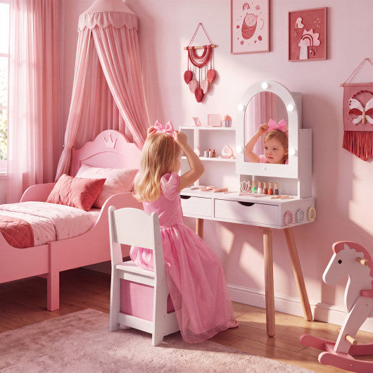 Kids Vanity Set Pretend Play Dressing Table Set with 3-Color Lighting Modes and Mirror Cabinet-White