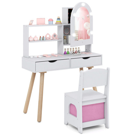 Kids Vanity Set Pretend Play Dressing Table Set with 3-Color Lighting Modes and Mirror Cabinet-White