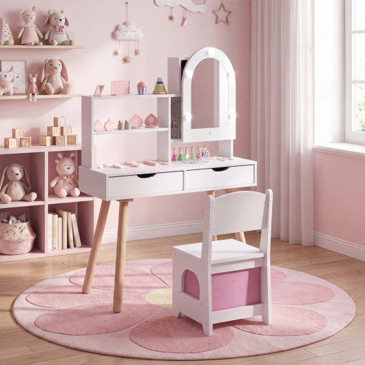 Kids Vanity Set Pretend Play Dressing Table Set with 3-Color Lighting Modes and Mirror Cabinet-White