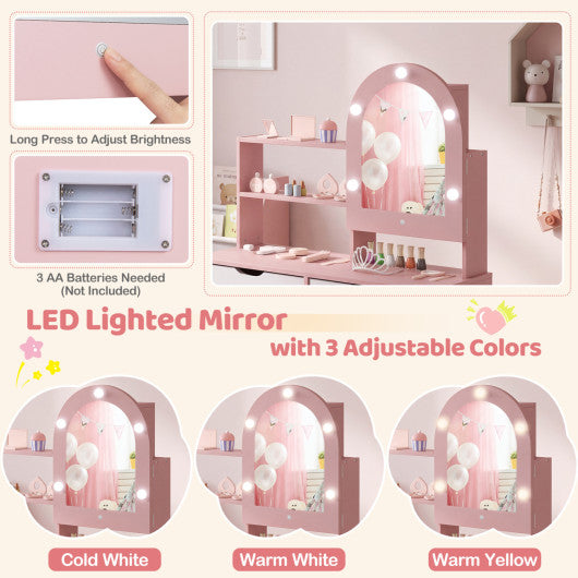Kids Vanity Set Pretend Play Dressing Table Set with 3-Color Lighting Modes and Mirror Cabinet-Pink