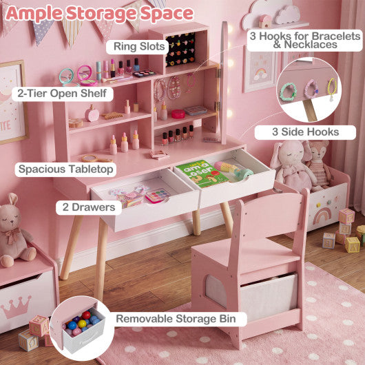 Kids Vanity Set Pretend Play Dressing Table Set with 3-Color Lighting Modes and Mirror Cabinet-Pink