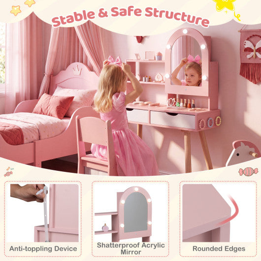 Kids Vanity Set Pretend Play Dressing Table Set with 3-Color Lighting Modes and Mirror Cabinet-Pink