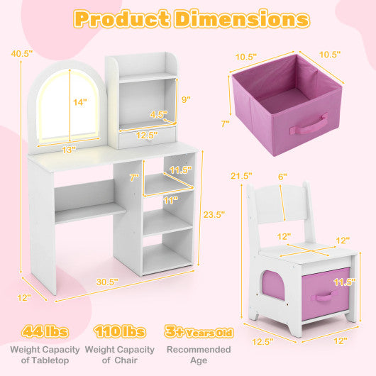 Kids Vanity Set Princess Girls Makeup Vanity Desk with Chair and 3-Color LED Lighted Mirror-White