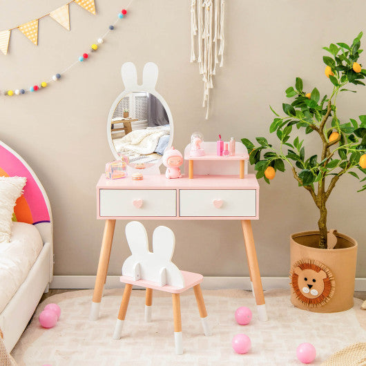 2 in 1 Wooden Princess Kids Vanity Set with Mirror-White