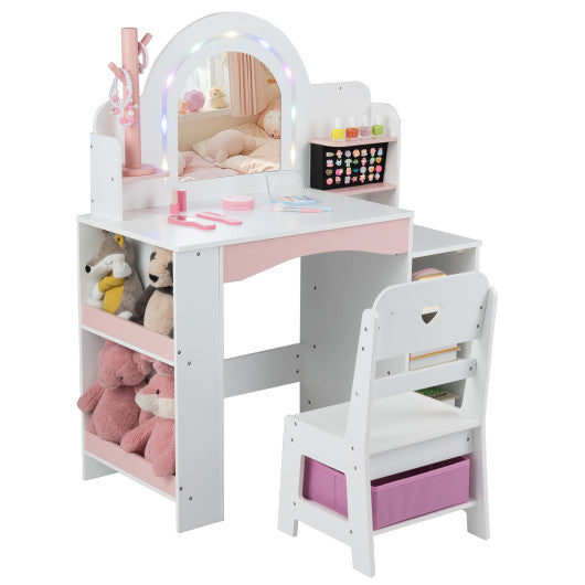 Kids Vanity Set with Colorful LED Lights Princess Makeup Dressing Table with Chair-White