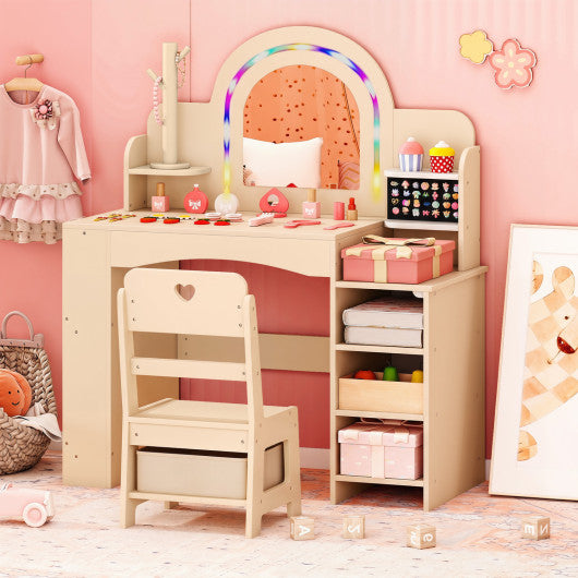Kids Vanity Set with Colorful LED Lights Princess Makeup Dressing Table with Chair-Natural