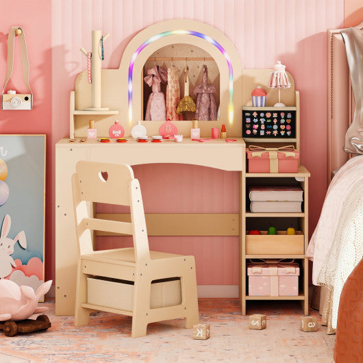 Kids Vanity Set with Colorful LED Lights Princess Makeup Dressing Table with Chair-Natural