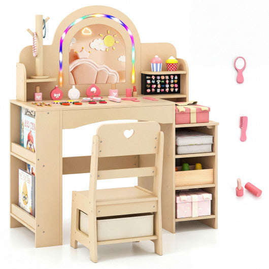 Kids Vanity Set with Colorful LED Lights Princess Makeup Dressing Table with Chair-Natural