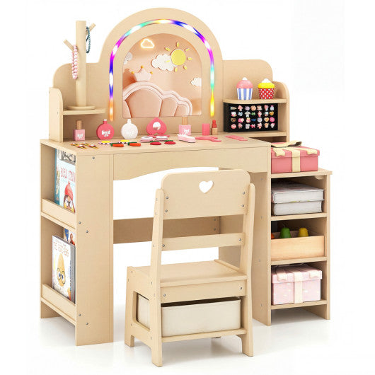 Kids Vanity Set with Colorful LED Lights Princess Makeup Dressing Table with Chair-Natural