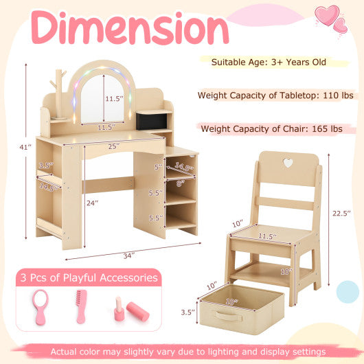 Kids Vanity Set with Colorful LED Lights Princess Makeup Dressing Table with Chair-Natural