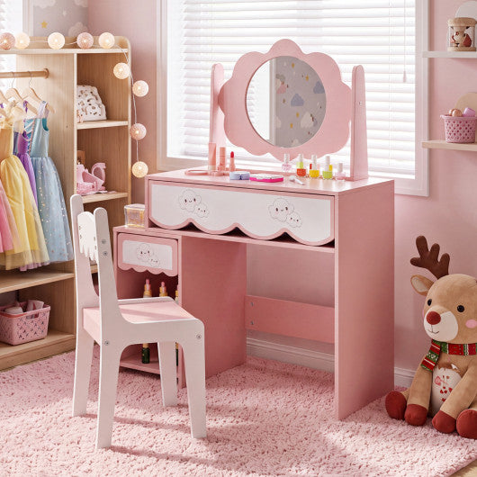Kids Vanity Set with 360¡« Rotating Mirror & Chair for Girls-Pink