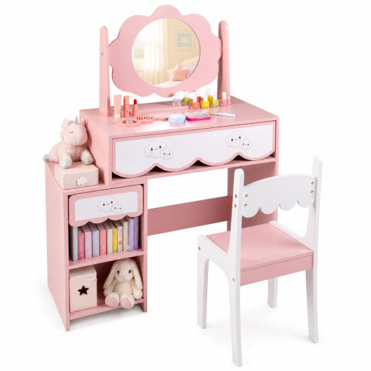 Kids Vanity Set with 360¡« Rotating Mirror & Chair for Girls-Pink