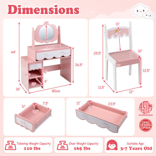 Kids Vanity Set with 360¡« Rotating Mirror & Chair for Girls-Pink