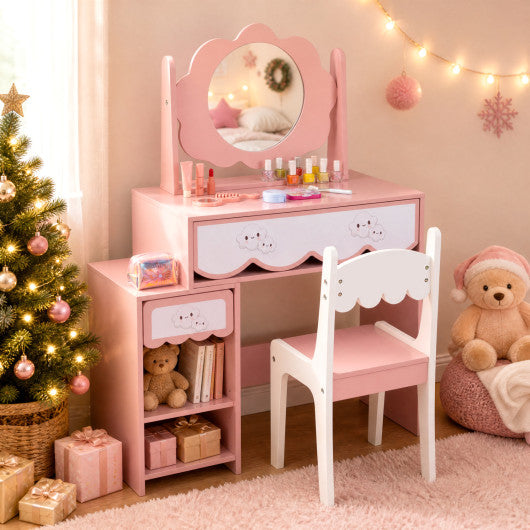 Kids Vanity Set with 360¡« Rotating Mirror & Chair for Girls-Pink