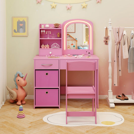 Kids Vanity Set with Lighted Mirror Makeup Desk and Chair Set with Drawers-Pink