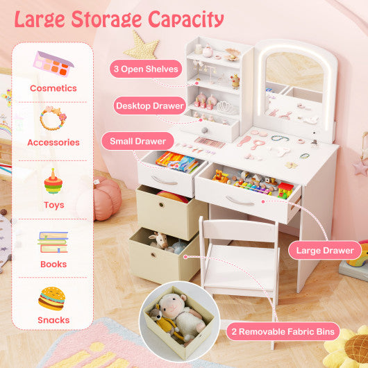 Kids Vanity Set with Lighted Mirror Makeup Desk and Chair Set with Drawers-White