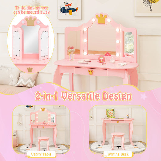 Kids Vanity Set with Tri-fold Lighted Mirror Detachable Top and Stool-Pink