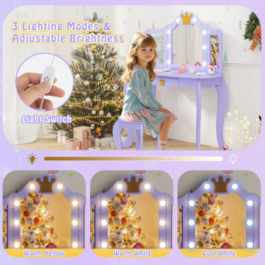 Kids Vanity Set with Tri-fold Lighted Mirror Detachable Top and Stool-Purple
