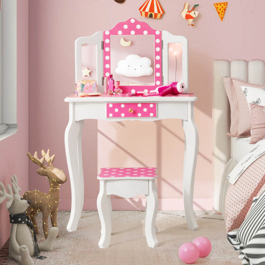 Kids Vanity Table and Stool Set with Cute Polka Dot Print-Pink