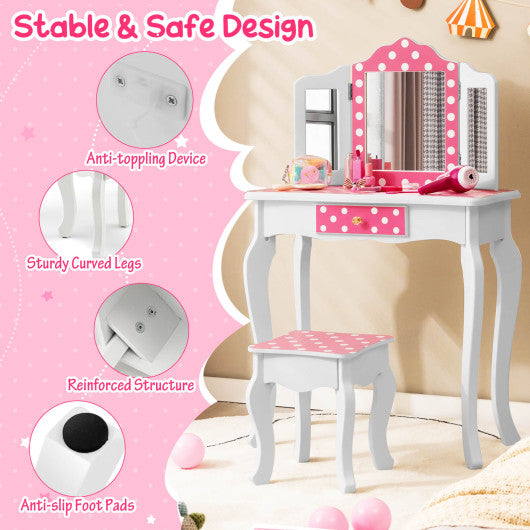Kids Vanity Table and Stool Set with Cute Polka Dot Print-Pink