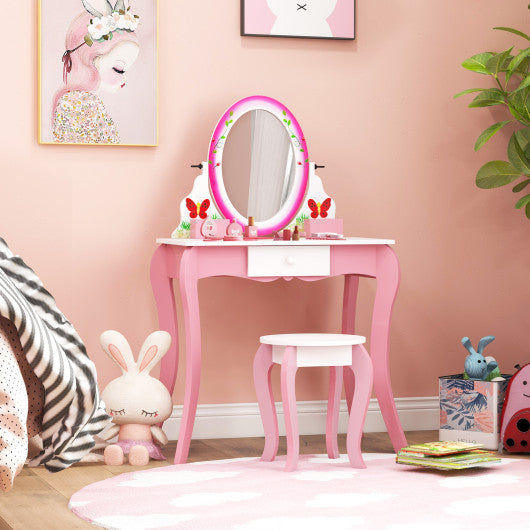 Kids Vanity Table and Stool Set with 360¡ã Rotating Mirror and Whiteboard-Pink