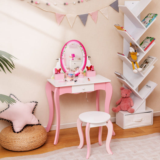 Kids Vanity Table and Stool Set with 360¡ã Rotating Mirror and Whiteboard-Pink