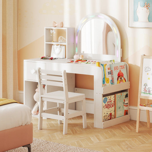 Kids Vanity Table and Chair Set with Lighted Mirror for Kids Aged 3+ Years Old-White