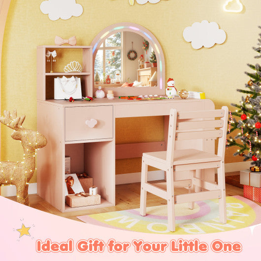 Kids Vanity Table and Chair Set with Lighted Mirror for Kids Aged 3+ Years Old-Pink