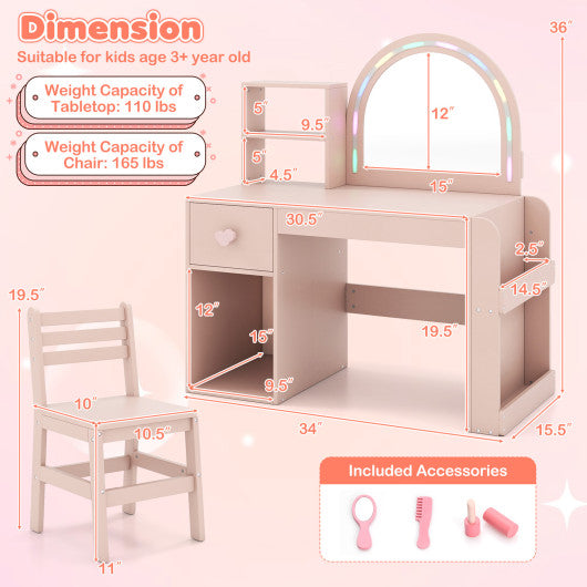 Kids Vanity Table and Chair Set with Lighted Mirror for Kids Aged 3+ Years Old-Pink