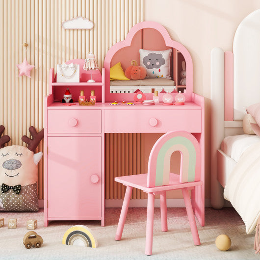 Kids Vanity Table and Chair Set with Cloud-shaped Mirror and Open Shelf-Pink